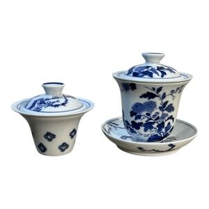 Blue & White Porcelain Gaiwan Tea Cup Set w Extra Lid & Strainer Replacements